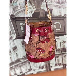 Coach CY738 Mini Bucket Bag In Signature Canvas With Cherry Print IN TAN MULT!
